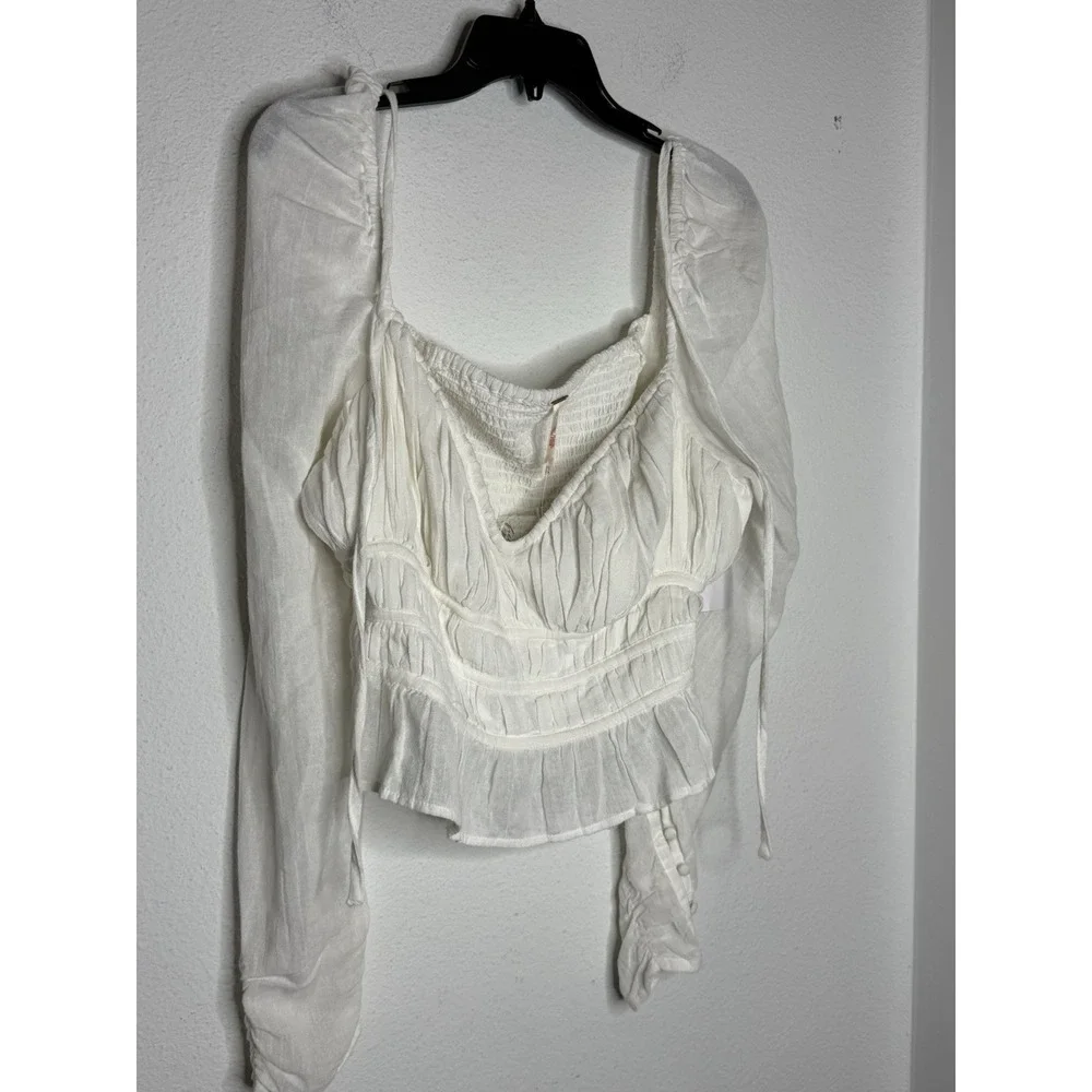 Free People Blouse Top Smocked White Ruffle Hem Boho Babydoll Coquette NWT XL